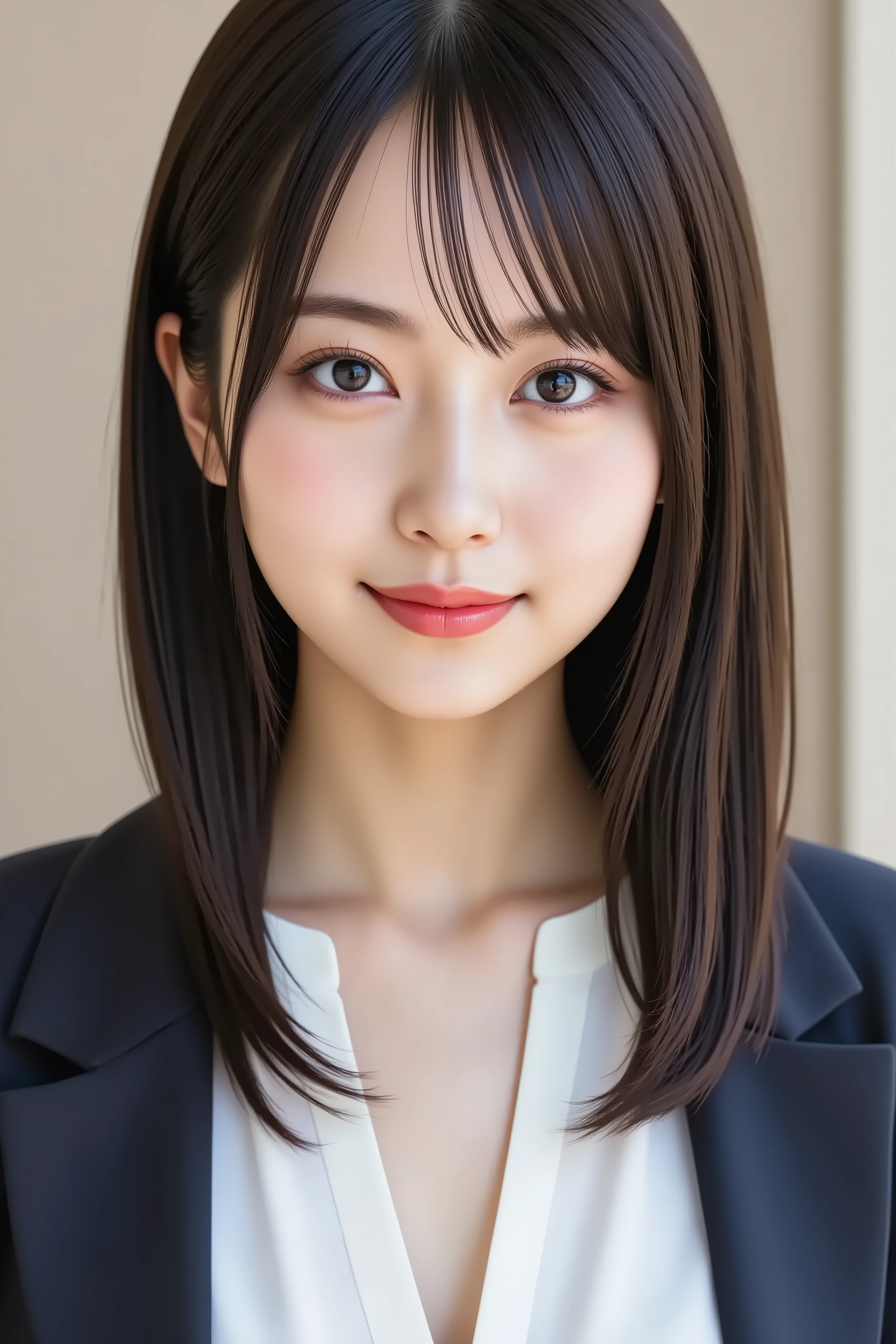 A highly detailed, ultra-realistic digital illustration of a beautiful young Asian woman, with her upper body fully visible and centered in the frame. She has long, smooth black カーリーhair with soft bangs, and her clear, luminous skin complements her warm, inviting smile. Her large, expressive eyes are enhanced by natural, elegant makeup. She is wearing a well-tailored, dark-colored suit jacket over a crisp white blouse, exuding professionalism and sophistication. The background is a minimalist, neutral tone that subtly contrasts with her attire, ensuring she remains the focal point. The image is rendered in 8K resolution, capturing every intricate detail with pristine clarity.
