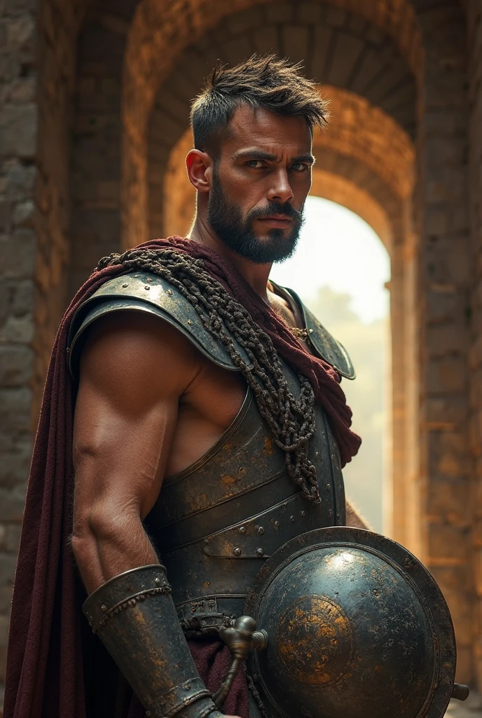 create Jamie Dornan as a Spartan warrior), using sword and shield, wearing Spartan armor, strong and muscular, Jamie Dornan, strong and muscular, (Moreno with model face), wearing dark beard, dark short hair, man similar to actor jamie dornan, (high quality and realistic image), sparta city background, cinematic style, ((Best quality, 8k, Masterpiece).