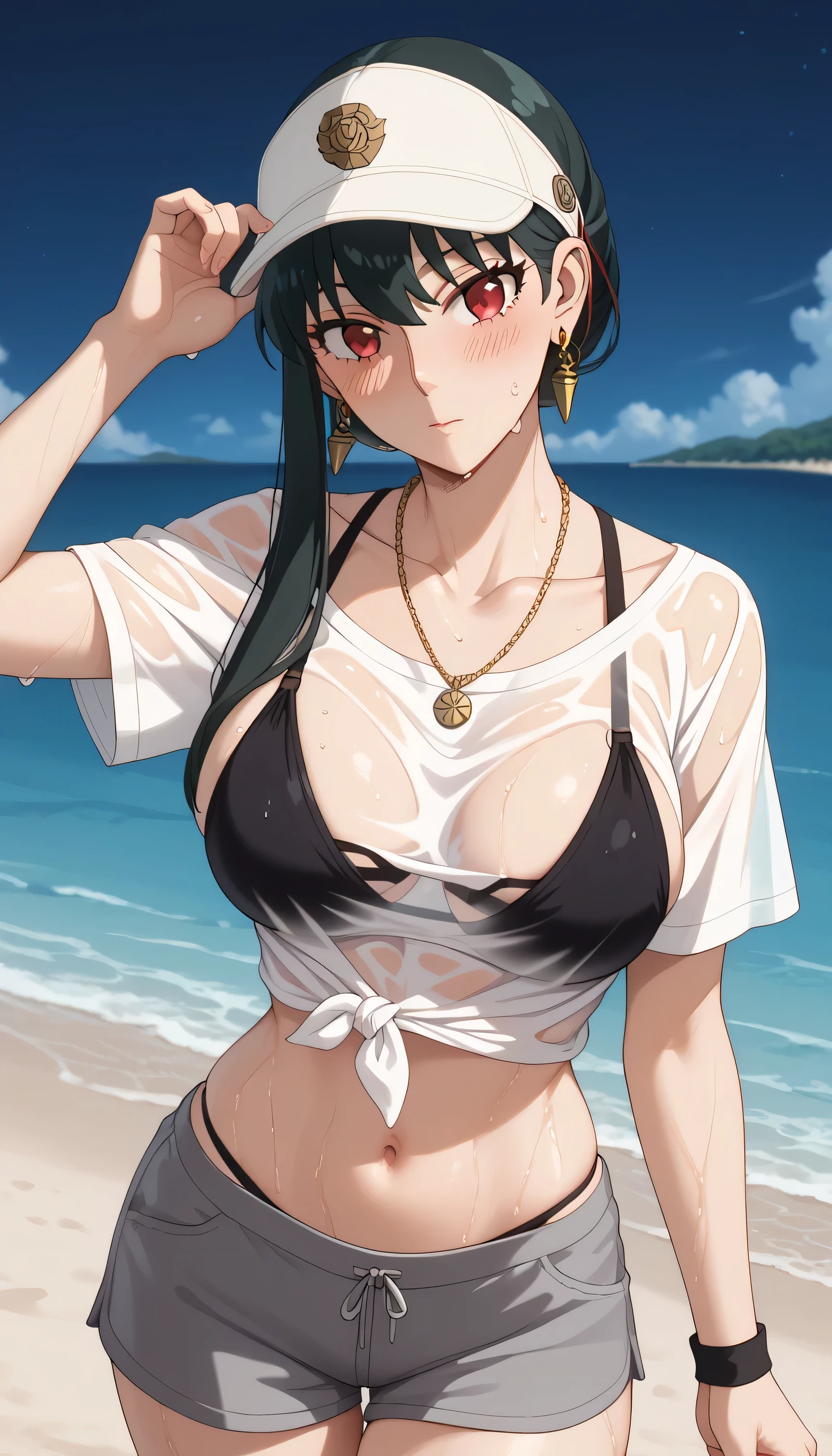 Android 17, e Cup sized breasts, bikini, at the beach, Cover Up sarong, earrings, necklace