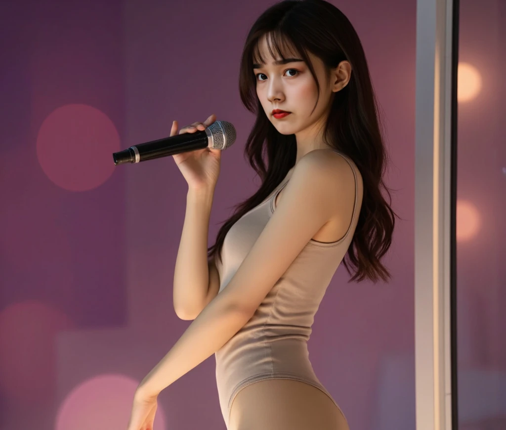 (Highest quality, masterpiece:1.2, RAW Photos), (Realistic:1.3), Realistic:1.2、One Girl、Japanese、Slender body line、Small face and slender figure、((beautiful girl、Cute school girl、Idol Face、Baby Face:1.2))、((Sing with a microphone:1.3))、(Show off your sexy underwear:1.4, Sexy tight dress:1.3)、(Beautiful brown hair:1.3)、((on stage at a rock concert:1.3))、(Beautiful breasts:1.2、Upward bust:1.2), (Detailed eyes and face:1.2, Professional photography techniques, Cinema Lighting), (Detailed hands:1.1、A girl's small and beautiful hands:1.2), (Perfect Anatomy:1.3), (A nasty smile:1.3, Gaze at the viewer, blush:1.2)
