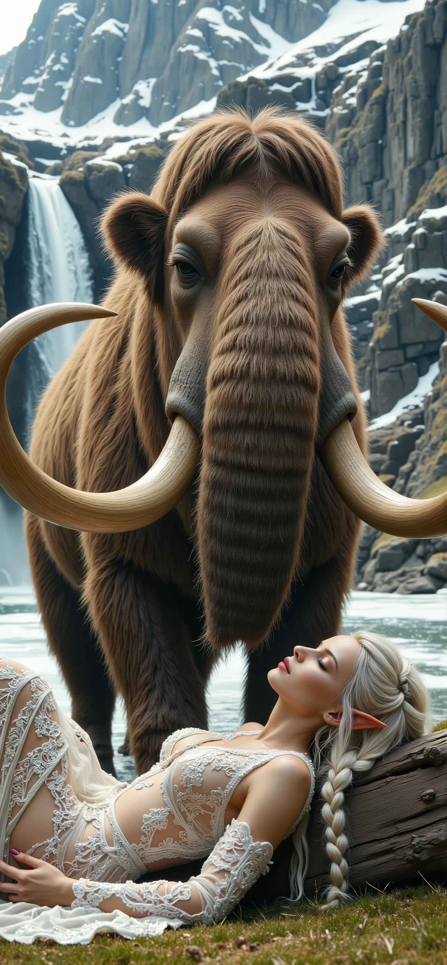 A prehistoric woolly mammoth protecting a beautiful braid white blond (long ear elf woman:1.8) in a transparent gold and silver lace gown lying on her back , The woolly mammoth tilt its head and long trunk high up and opens its mouth above the woman's head, background is in a grassland surrounded snow tipped mountains and frozen lake and waterfalls,