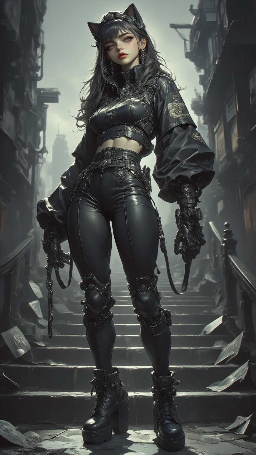 score_9, score_8_up, score_7_up, 1 girl, ((dunmer)), skyrim, elder scrolls, dark elf, ((dark grey ashen skin)), dark small lips, large dark red eyes, naughty, sultry, black hair in ponytail, tall and slender, looking at viewer, <lora:Dunmer:1.0>, concept art, upper body view, full body view, dark leather outfit, black leather assassin outfit, dark, night, (leaning against a black stone wall legs crossed), relaxed, waiting, in a medieval fantasy city, <lora:Concept Art DarkSide Style LoRA_Pony XL v6:0.8> concept art, realistic, dark theme, low light,