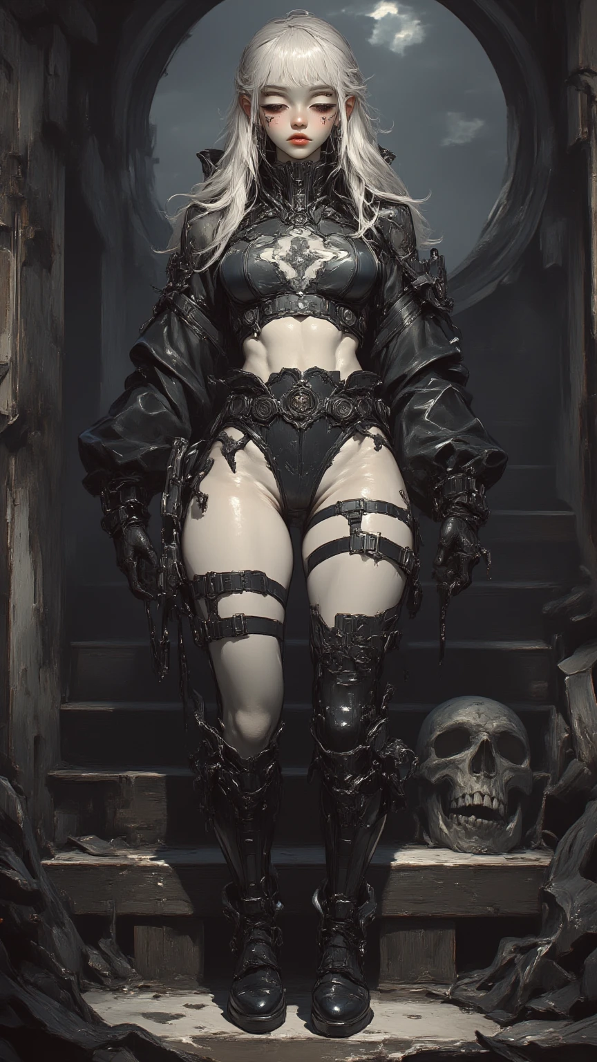 a thin girl, legs wrapped in chains, incredibly beautiful, dynamic pose, 1 girl, detailed face, detailed eyes, detailed lips, detailed facial features, complex chains, metal chains, intricate details,cinematic, moody, chiaroscuro, high contrast, digital art, concept art, photorealistic, 8k, best quality, masterpiece