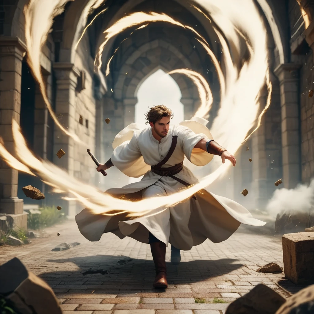 A male healer in a simple white robe, floating inside a powerful ...