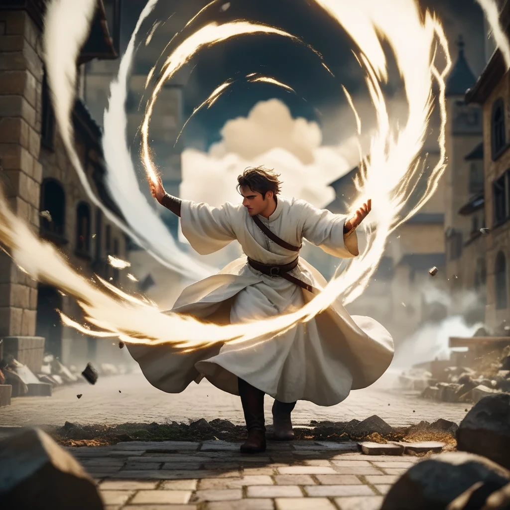 A male healer in a simple white robe, floating inside a powerful ...