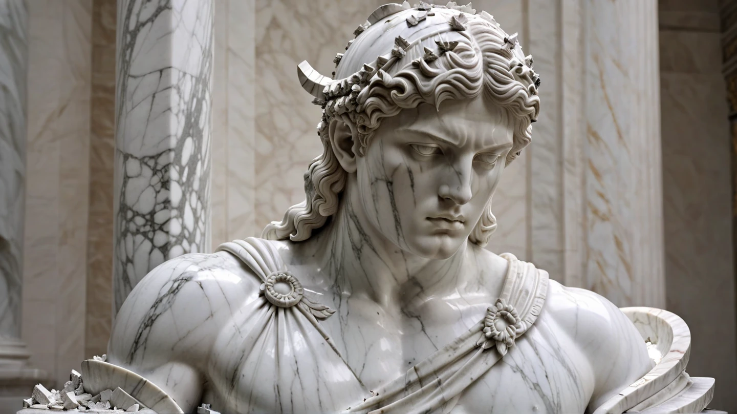 Greek statue of Alexander, o Grande, cinematic lighthing, galaxies in the sky, em seu trono, Emperor of Greece, castelo dos Deuses, cabelo curto, deus grego, philosopher, corpo detalhado, melhor qualidade, White Marble,