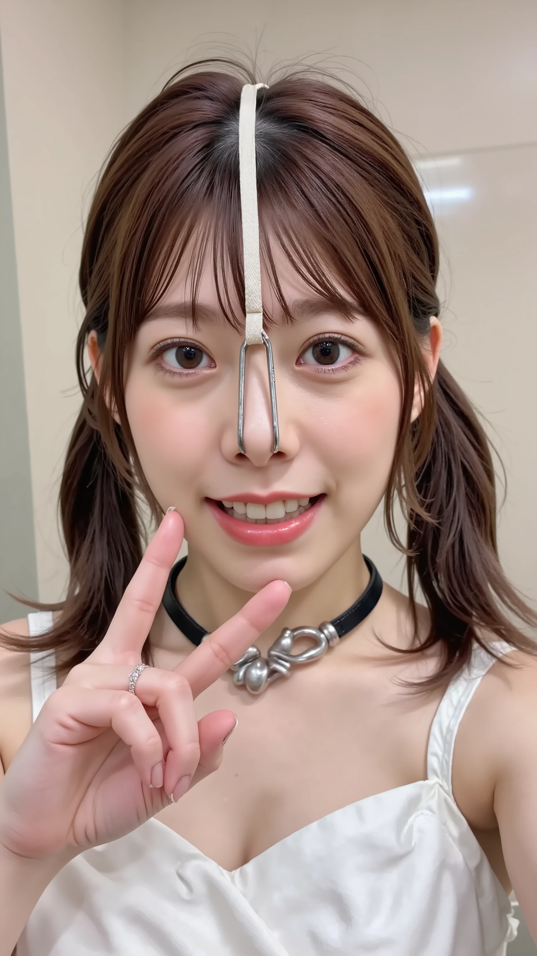 A high resolution photograph of a young Japanese woman, masterpiece, photo-realistic, sharp focus, fashion shoot, solo, 1girl, thin-strap off-shoulder dress, twintails brown hair with bangs, (nose-hook with strap wrapped around the top of her head, nostrils hooking, choker, jewelry:1.8), tilted head, joyful expression, smile, teeth, (v sign with one hand), selfie, looking at the camera, face focus, close-up of face, front view, indoors, perfect hand, detailed hands, detailed fingers,