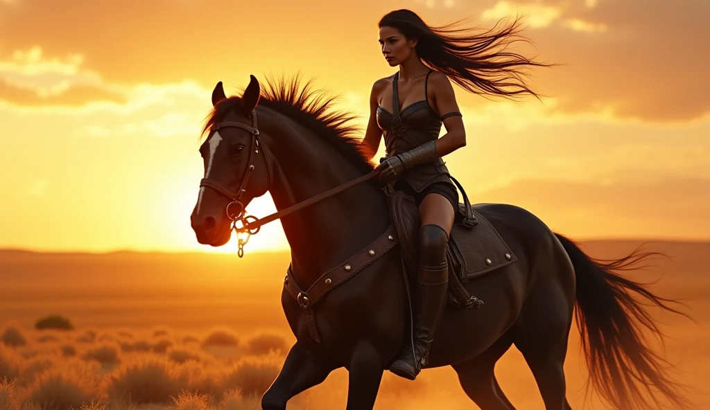 A beautiful woman Amazon rider sitting on black horse. Long black hair is flying. She has a bow in her hand and a quiver of arrows on her back. Leather clothes - jacket, bare belly, chest covered with a patterned leather bra, leather short shorts. Sexy, nice, very beautiful. Bottom-up view. wide overview. Cinematic. Photorealistic. High-definition images. by Luis Royo. Medium shot. soft tones. (lora:add_detail:1.2)