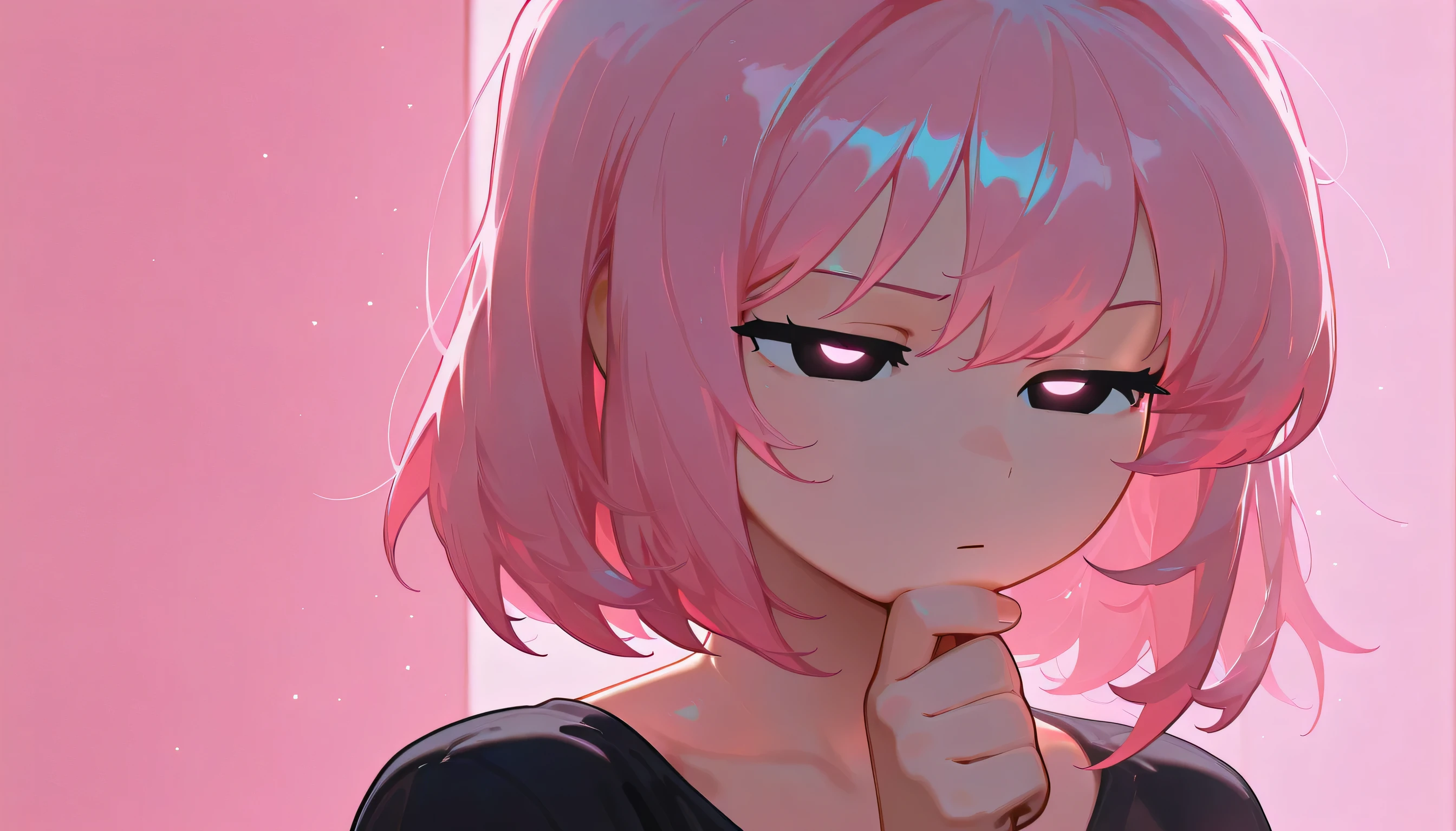 Masterpiece, top quality, GREAT QUALITY, latest, beautiful lighting, cinematic angle, 1 girl, simple eyes, thinking, pink hair, watching viewers, upper body, SIMPLE PINK BACKGROUND, standing, character design style
