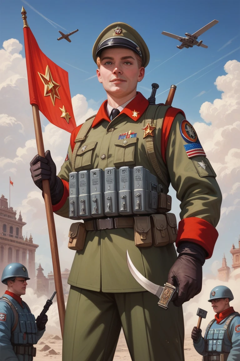 score_9, score_8_up, score_7_up,
(russian text, soviet poster, poster:1.5),
CCCPposter, solo, 1male, soviet army, flag, blue uniform,
<lora:CCCPposter-ponyXL:0.75>,