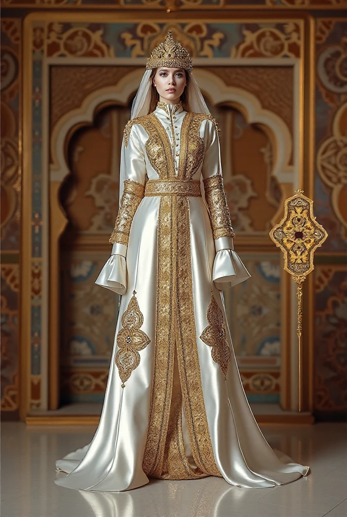 8K,highres,absurdres,masterpiece,best quality,original,extremely detailed CG,extremely detailed wallpaper,perfect lighting,<lyco:GoodHands-beta2:1>,1girl,blurry_background,looking_at_viewer,standing on the stage,
<lora:Outfit_soph-CircassianWeddingDress:0.7>,dr3ss,simplistic,white dress,silver embroidery,long sleeves,belt,cape,white peaked cap,white hijab,collar,