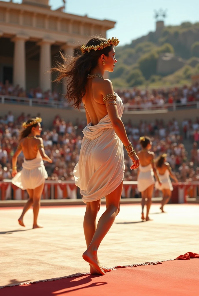 Beautiful ancient Greek lady running in a arena during the Greek Olympic race, wearing a white short ancient roman styled skirt slit on one side, deep cleavage