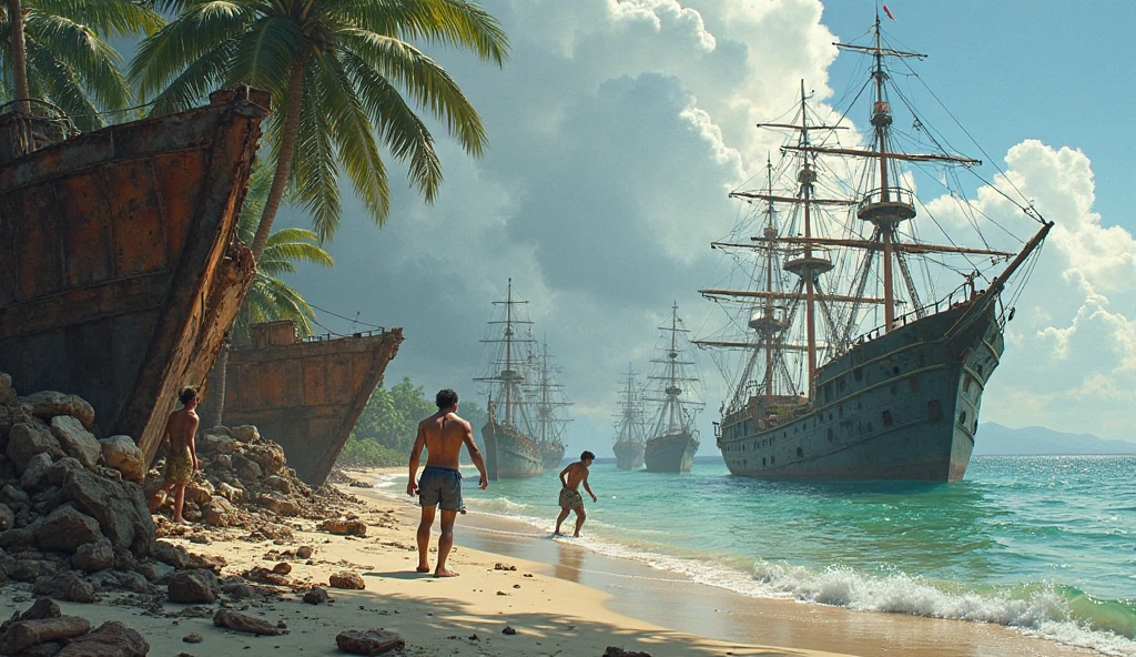 Shipwrecked ship destroyed on the shore of the beach with the Treasure scattered on the shores of the island, The Ark of the Covenant is on the shore, The bodies of the crew lie scattered on the sand, You can see vegetation and behind it indigenous people lurking