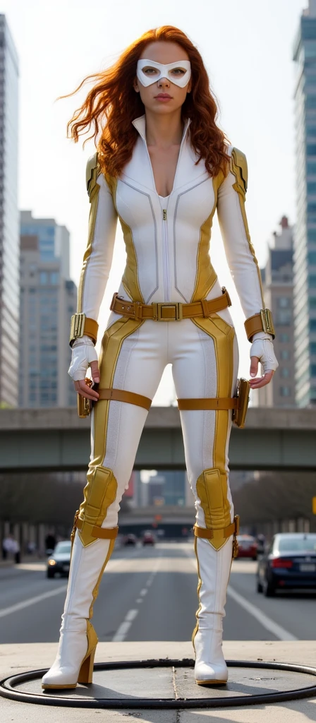((highest quality)), ((masterpiece)), (1 girl, medium breasts, (leotard, white and red leotard), barefoot, (tight belt, yellow belt), (boots, matching boots, ankle boots, white boots), gloves, white gloves, urban background, Tokyo urban background, (alone, single), put your hand on your waist, Are standing, full body shot, cowboy shot, superhero, detailed and beautiful eyes, mature woman, (golden star mark on chest), (brown hair), (high leg leotard), (purple eyes), (bob hair, short hair), No sleeve, heroic detailed), perfect face defeat、nude
