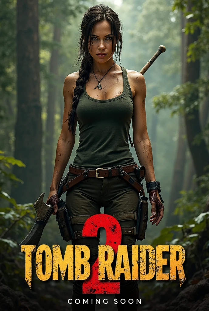 Lara croft captured by 2 man behind her, tied up with rope, handcuffed, bondage, detailed face, detailed body, realistic, (1girl: angry face, tears, dark green tanktop), nipple pop up