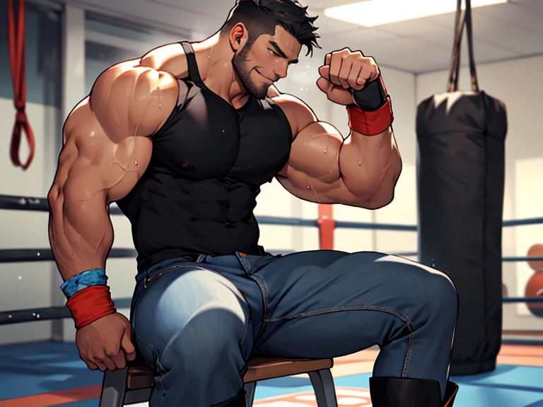 Majestic and Sweat-Soaked Boxer, with a triumphant expression, raises his colossal hairy biceps and voluminous pecs towards the ceiling, heralding his victory. The intricate texture of his hairy armpits is prominently displayed beneath the enormous white leather boxing gloves, adorned with rivets and flamboyant knuckle guards. The studio lighting brilliantly illuminates every muscle ripple in his sweat-drenched physique, resulting in a masterful scene of exceptional detail and quality. The boxer proudly stands in a vintage boxing gym, where relics and memories of past victories adorn the walls behind him,
