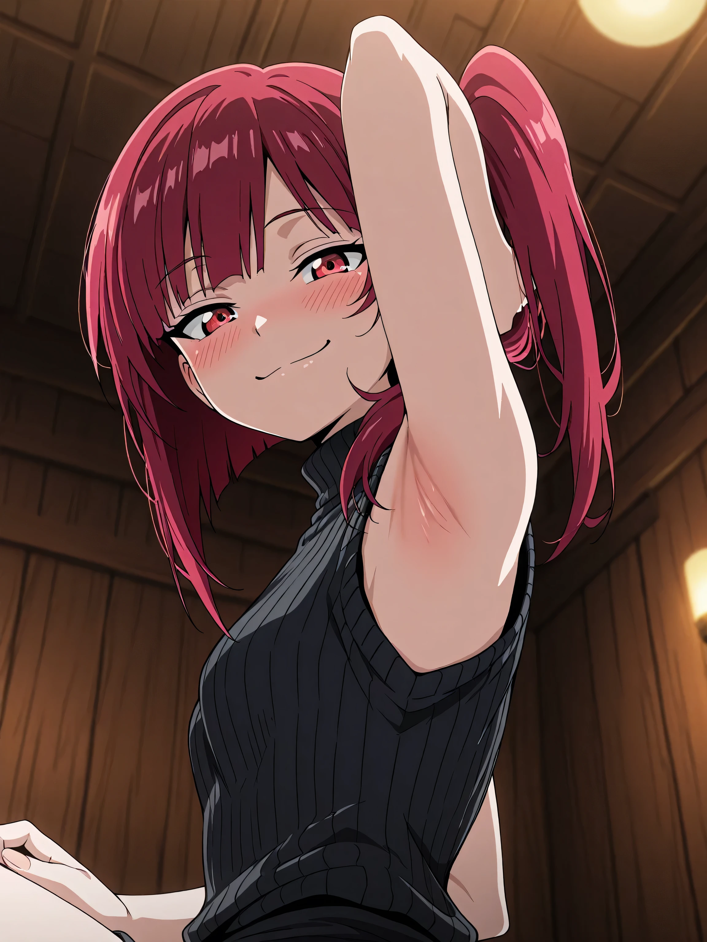 Anime girl with red hair and black dress posing for camera - SeaArt AI