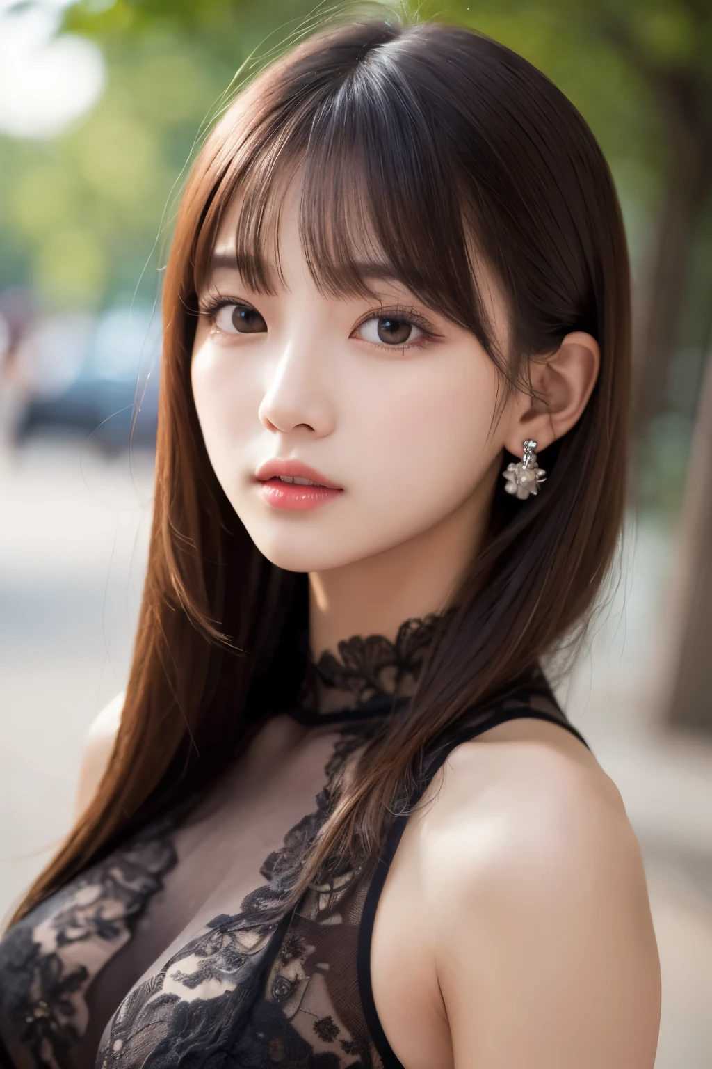 masterpiece, best quality, girl, an exquisitely detailed and beautiful face and eyes and skin, slender body, parted bangs, park, long hair