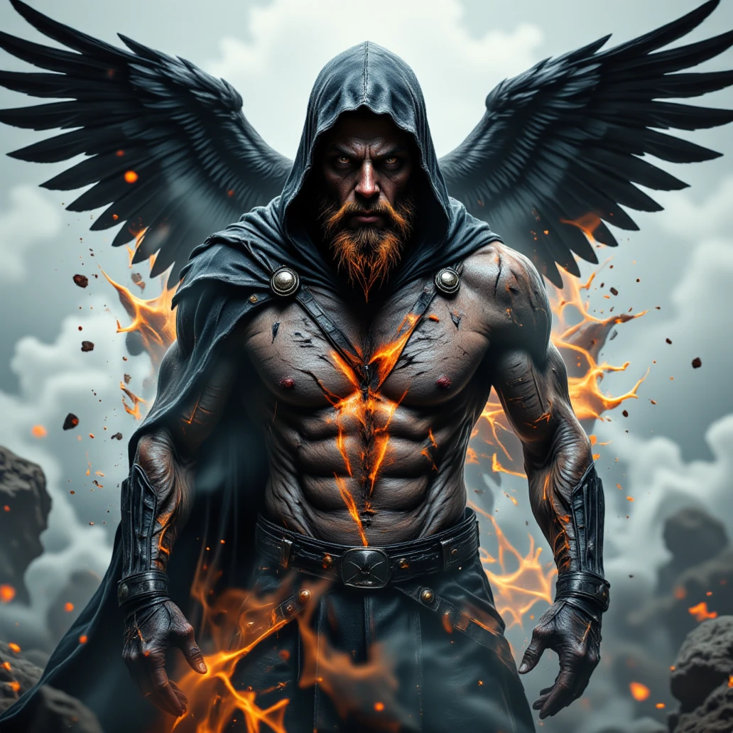 A grey muscular man with a 12 pack and fit body with no shirt on and dark black pants and yellow eyes with really huge wings black and red coming from his back and his body covered in tattoos and black horns coming from the top of his head standing in the center of a circle with a star and fire coming from the ground end everything around him on fire and hot and the sky is night with a fire moon in the back ground.
