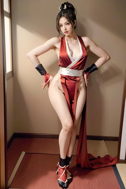 8K, RAW photo, Highest quality, Masterpiece: 1.2),Spacious and bright rooms, A young short-haired brunette beauty,White fades into red cheongsam,Red stockings,red high heel pumps,No underwear, Ultra-detailed description, nipple tips protruding, areola is protruding, pubic shape clearly visible,Stand up,delicated face,The expression is shy and pleasant,Behind the hand,solo person