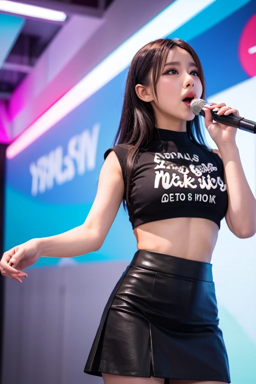 kaew from BNK48, idol, cute girl, black hair, small breasts. bra. in the stage, close up, looking at camera, cinematic, sharp lens, professional photography, 70mm lens, soft light, colorful background, 4k