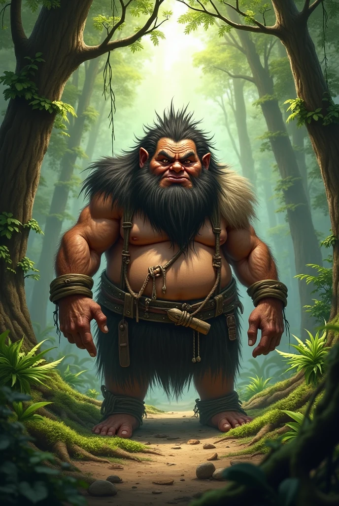 A fat pig man with a rusty old iron right hand, big long fangs, a beard and holding a wooden stick walking alone in the middle of a mysterious forest.
