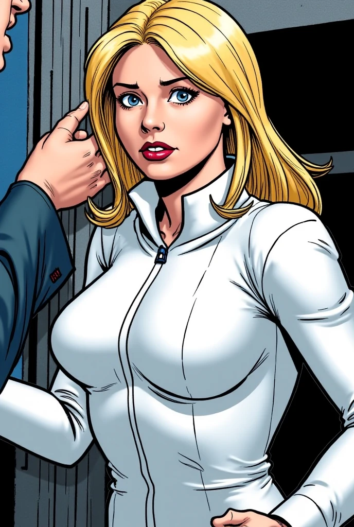 woman thin, elegant white dress, blondy hair, blue eyes, busty. Blue low-cut t-shirt. Comic style. 
