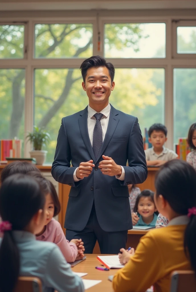 Young man dressed formally helping children 