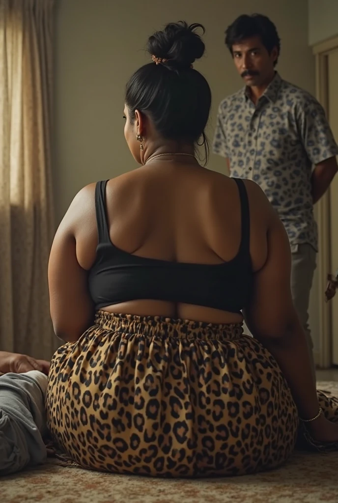 Generate full body frontal angle image of a 6 black female, completely naked, with the body; legs thick, thick-thighs, huge, saggy breasts , wide hip, broad abdomen, slightly prominent belly, vagina with little pubic hair in light brown color, with a rustic face, with signs of age around the eyes and only around the mouth, wearing prescription glasses with thick, square frames, big and wide nose, eyebrows with voluminous hairs, wide chin, boca expressiva, prominent jawline, voluminous lips, I don&#39;t even have short black hair with slightly gray tones, está with the body completamente nú, standing being caressed by a man, in a unkempt room with messy decor