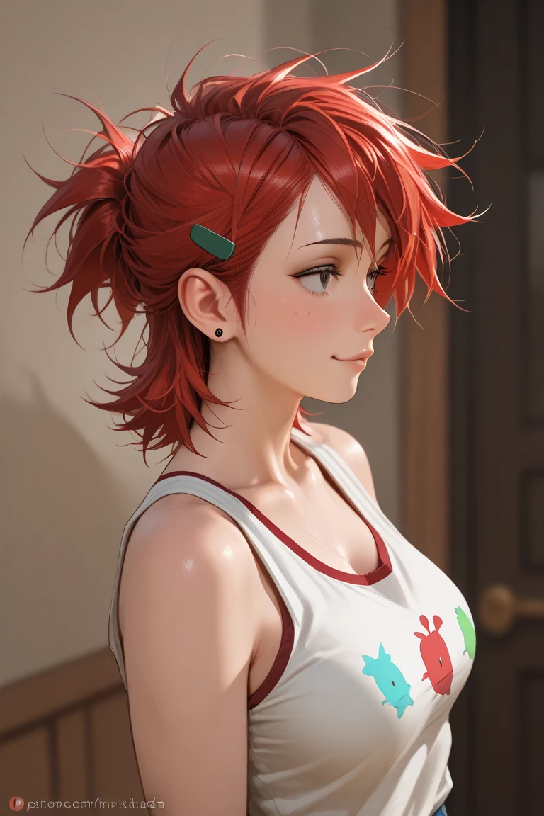 Anime boy with red hair and ponytail in black tank top, aya takano color style, Muscular men, Red ponytail hair and brown eyes, Cute Anime Boy, Anime Boy, (Anime Boy), made with anime painter studio, digital anime art!!, Cool anime boys, painted in anime painter studio, anime style portrait