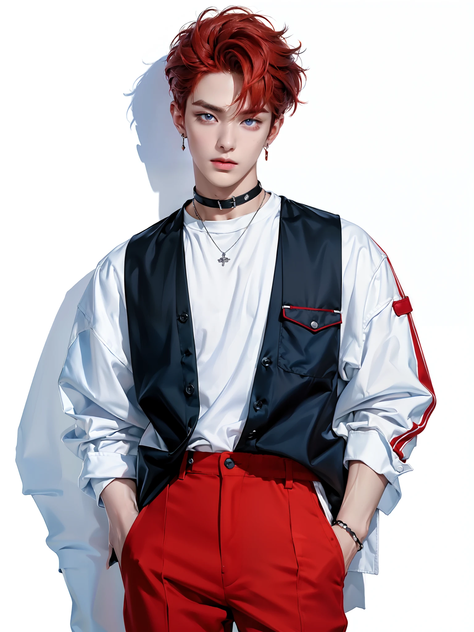 (4K)) (( high quality )) (( white background )) ((, the amber-red hair color )) ((blue pants)) стоит прмо One участник к-поп группы, Yeongjun has a refined and attractive appearance ........, , accessories that immediately make him stand out from others . He has soft features..........., perfect skin and expressive eyes, his nose is long, and plump lips. medium-length hair, slightly wavy , and is painted in a warm reddish tint with a slight honey tint . Он часто укладывает волосы вот So, So, So, so that the bangs cover his forehead on both sides , , which adds mystery and a romantic look . He wears : A lightweight white t-shirt or top combined with a black or dark red silk or velvet vest. Braces can be left aside or worn casually , For .
through : black pants with a shiny effect .
accessories: metal choker , thin speaker bracelets , clip-on earrings or small earrings , to add detail . Braces create contrast and add sass . ( relaxed pose )) ((full size pose)) ((Looking at me)) (( hands are relaxed )) ((hand in pocket) ((full size pose)) ((painting in artistic style)) (( white background )) ((Выстрел One)) ((One))