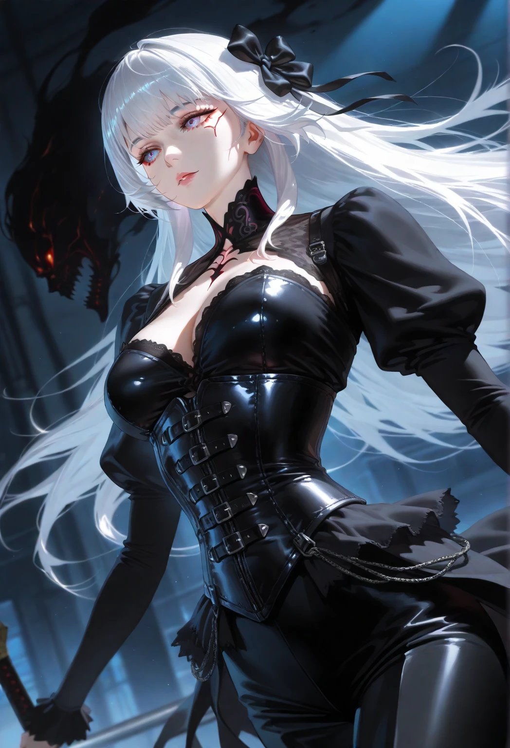 masterpiece, high quality, 4K, HDR,, A female knight wearing an armored dress BREAK Black halo above head, black horns on head, black dragon tail growing, large black wings on back BREAK Silver hair in an updo hairstyle with blunt bangs, long hair, disgruntled expression, crimson eyes, narrowed eyes, sharp teeth, slightly pointed ears, slightly open mouth BREAK Athletic, toned body, medium breasts BREAK Standing in a dramatic pose against a dark, ominous background