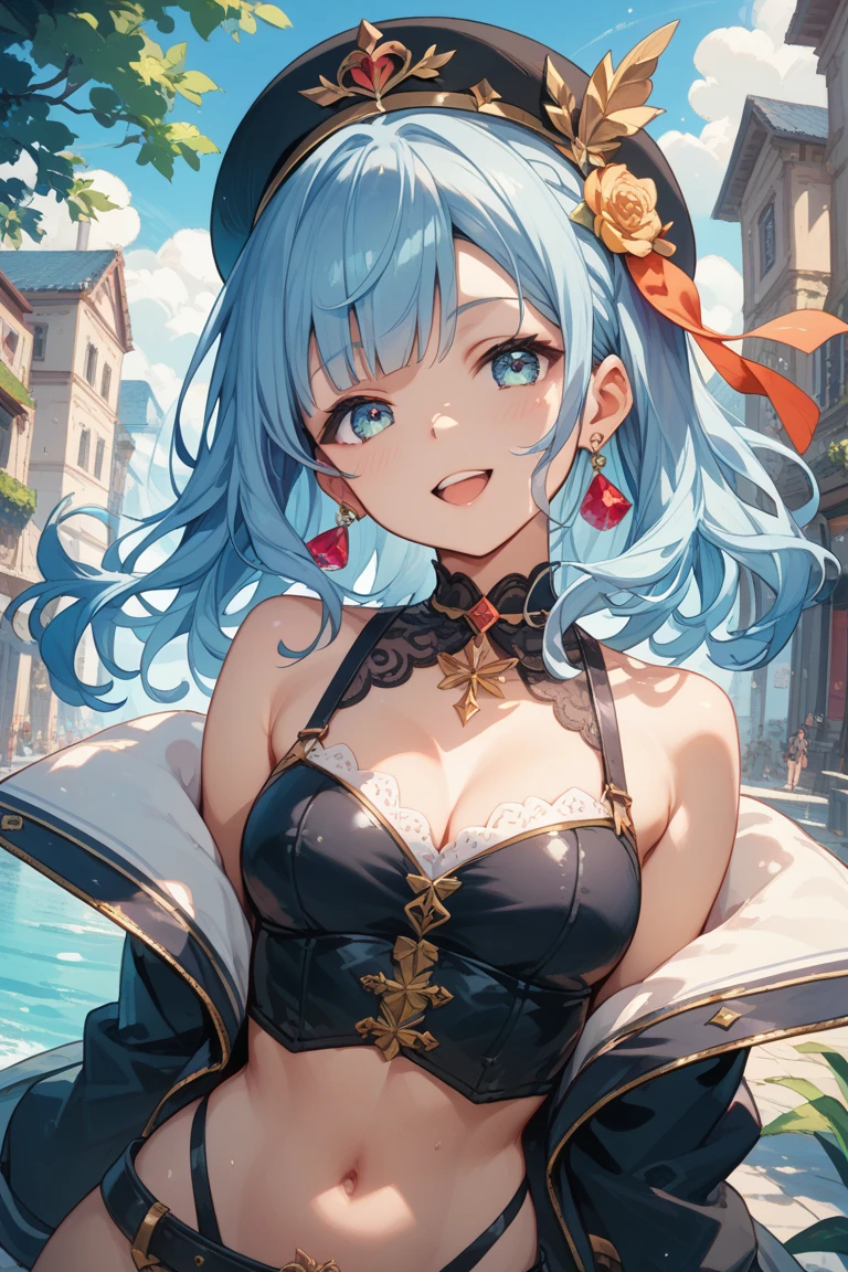 Anime Moe Art Style,highest quality,High resolution,Anatomically correct,One Girl,Mid-s,A girl with light blue hair in a ponytail,Super detailed,Fantasy World,Off-the-shoulder tops,mini skirt,Big Breasts,A rich expression,Laughing with your mouth open,Resting her breasts on the table,The gesture of tucking hair behind the ear,Eyes drawn in detail,hair ornaments,necklace,bracelet,ring,8K