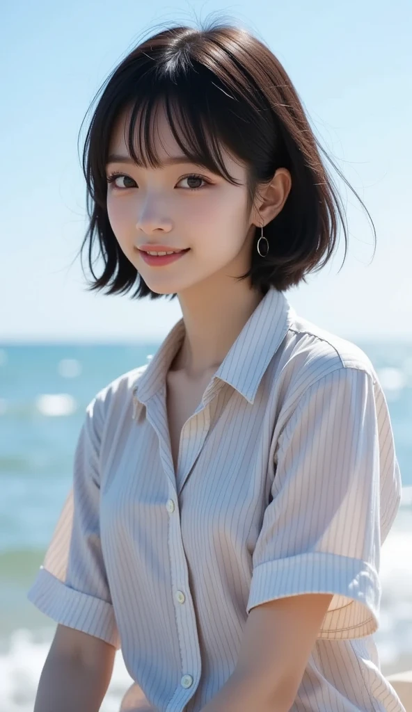 (Hyper Reality: 1.35), (Realistic: 1.4), Beautiful Japanese Women, smile, alone. masterpiece, 最high quality, high quality, alone, very good, Latin, puberty, Only one girl, small nipples, Large Breasts, ((最high quality)),((Hello)),((Very delicate and beautiful)),((Very shallow depth of field)), Hmph,((Incredibly shallow depth of field)). family friendly)), (((Very delicate and beautiful)), (((Very shallow depth of field))), Hmph, (((Unbelievably absurd))), (((Black Hair )), (((Shortcuts))), (((Bob Hair))), ((( Camera Eye)))), (((small ))), (((smile))), poor, my + background, Dynamic Angle, Focus on women, {Particles of light}, Detailed background, Soft lighting, (dramatic) sunset), sunset, very beautiful sunset, Live Action, Realistic, (blurred background), ((13 years old)),, (((wind:1.5))), ((Movement)), ((emotion)), ((colorful)), ((Baby Face)), ((Beautiful Teeth)), Wither, sea background, No makeup, whole body, ((Side bust)), BDSM, Browsing Caution, High neck, turtleneck, Latex racing style swimsuit,