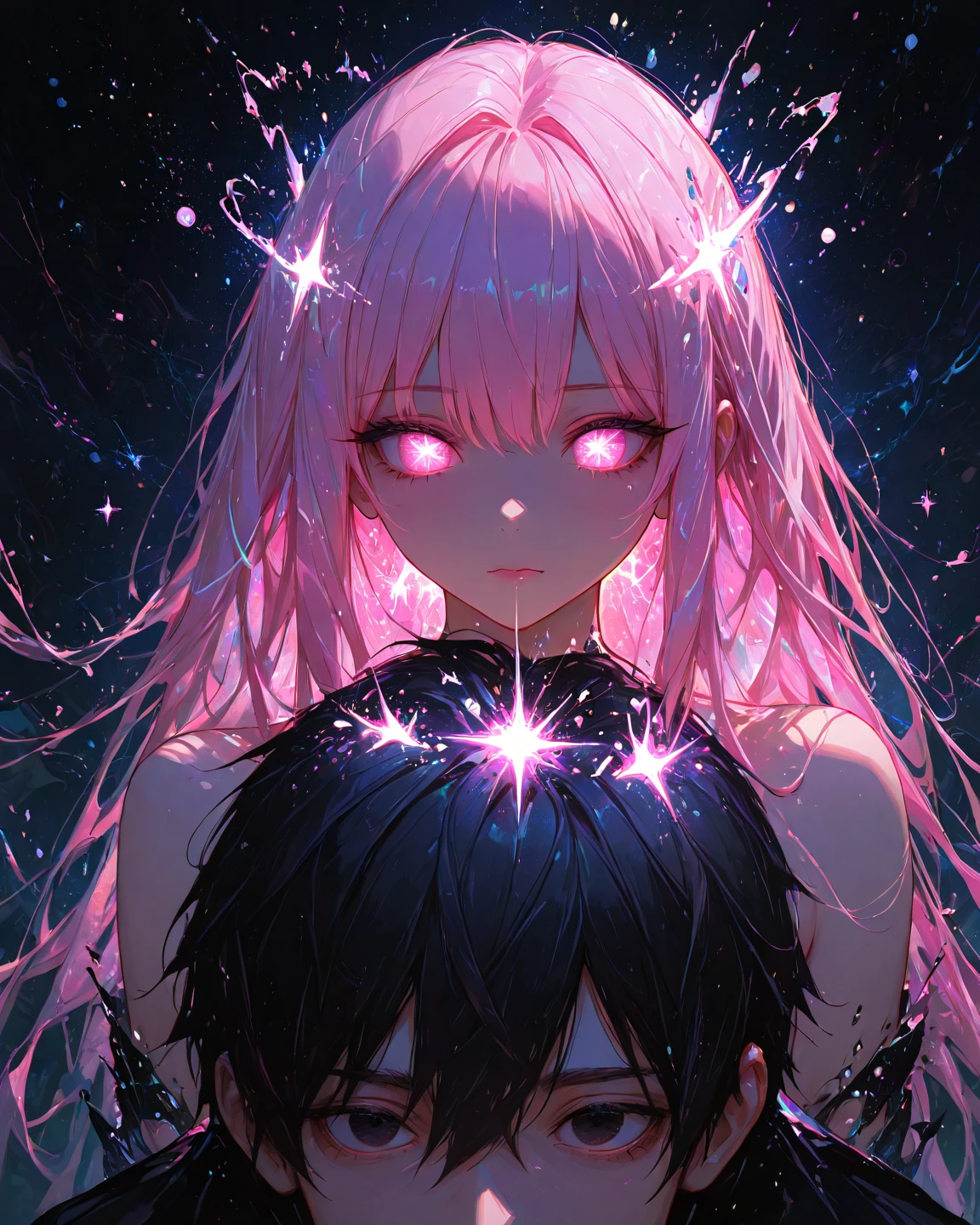 ghost-like transparent catgirl, looking at viewer, straight-on, translucent, flowing, ethereal, luminescent, spectral, mist, atmospheric, eerie, ghost-like, flowing gown, glowing hair, misty skin, mirrage, smoke-screen, glowing pink eyes, catgirl
