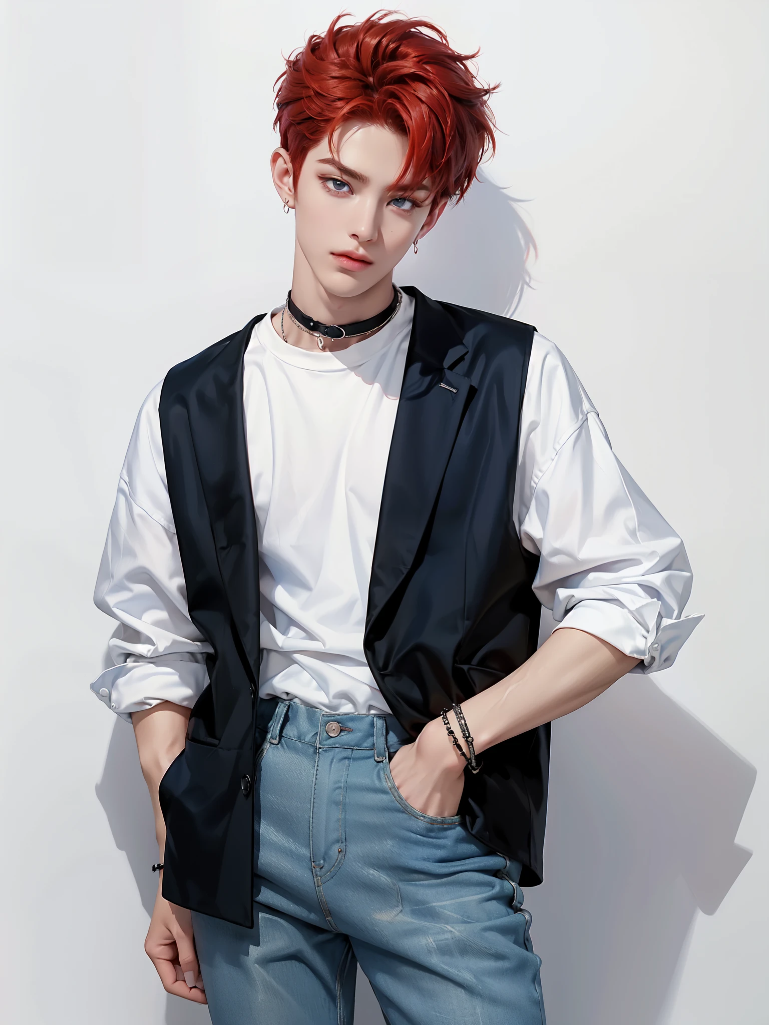 (4K)) (( high quality )) (( white background )) ((, the amber-red hair color )) ((blue pants)) стоит прмо One участник к-поп группы, Yeongjun has a refined and attractive appearance ........, , accessories that immediately make him stand out from others . He has soft features..........., perfect skin and expressive eyes, his nose is long, and plump lips. medium-length hair, slightly wavy , and is painted in a warm reddish tint with a slight honey tint . Он часто укладывает волосы вот So, So, So, so that the bangs cover his forehead on both sides , , which adds mystery and a romantic look . He wears : A lightweight white t-shirt or top combined with a black or dark red silk or velvet vest. Braces can be left aside or worn casually , For .
through : black pants with a shiny effect .
accessories: metal choker , thin speaker bracelets , clip-on earrings or small earrings , to add detail . Braces create contrast and add sass . ( relaxed pose )) ((full size pose)) ((Looking at me)) (( hands are relaxed )) ((hand in pocket) ((full size pose)) ((painting in artistic style)) (( white background )) ((Выстрел One)) ((One))