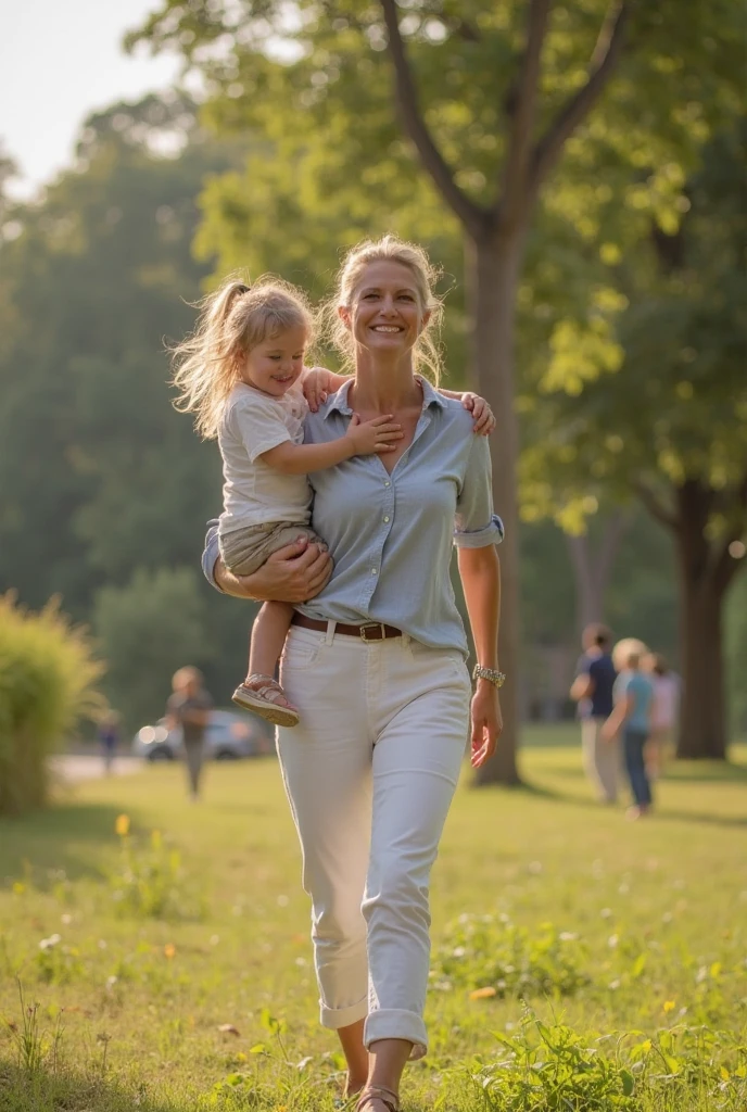 young mother with daughter in jeans with flounce in park,  19th century photo, deep focus, vintage film grain, color correction retro style, soft lighting,
