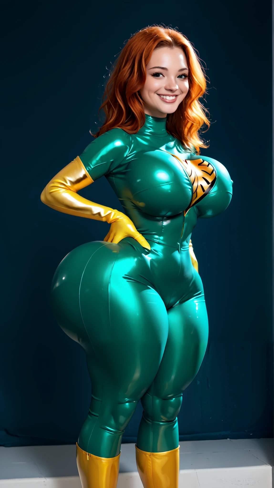 score_9, score_8_up, score_7_up, 1girl, JeanGrey, phoenix bodycon suit,green bodycon suit ,gold elbow gloves, gold thigh highs, large pass, large plumpy breasts, large plumpy buttocks, gigantic breast, happy, smile, zPDXL,