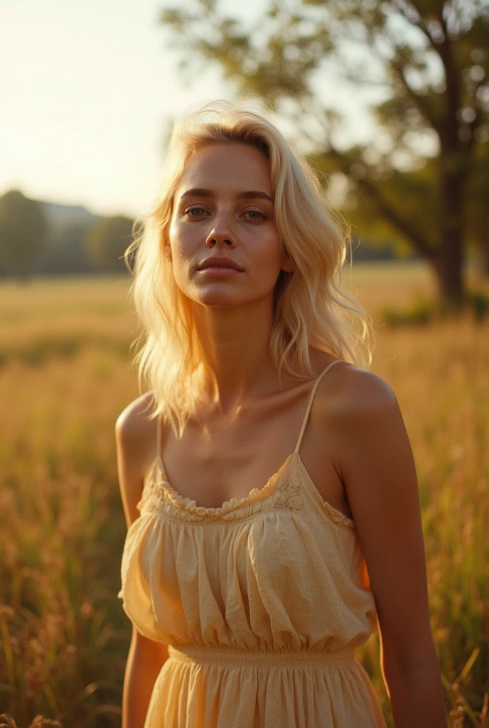 The image a young woman with platinum blond hair seated in a serene field of tall, sunlit grasses. Her attire, a loosely tied white blouse and denim shorts, complements the natural, earthy backdrop. Her posture is relaxed and thoughtful as she gently touches a strand of her necklace, gazing softly towards the camera with a hint of introspection. Her hair is styled in a casual, effortless look, falling gently around her shoulders, enhancing her youthful and tranquil appearance. This setting evokes a sense of peace and simplicity, making it an ideal visual for themes related to nature, contemplation, or the beauty of casual summer days.
