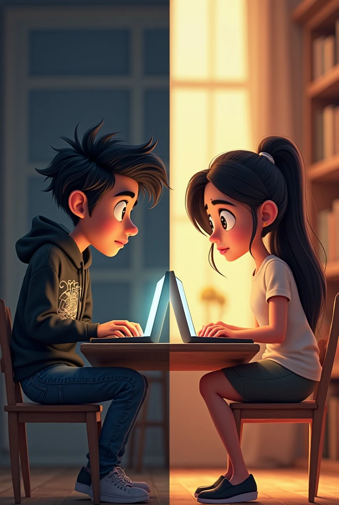 Girl and a boy trade in front of conputer