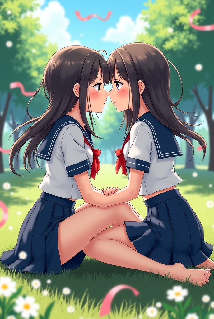 Neat and cute girl,japanes,（（11-year-old girl））、（Diagonal rear view）、a miniskirt、Neat sailor suit、White High Socks、Loafer shoes、Balanced eyes、 (Best Quality Detail:1.2)、realisitic、16K High Resolution、The ultra-detailed、High quality textures、intricate detailes、Very detailed CG、High quality shadows、Detail Beautiful delicate face、(Detail Beautiful delicate eyes:1.32)、depth of fields、Ray Tracing、(Beautiful 11 year old cute Japan woman:1)realisitic、超A high resolution、masterpiece、Full Body Display、s asleep,Two girls in uniform lying on grass in park、Slimed，Erotic Poses，（（ Sensual look）），Show your legs wide open，（Shy look）、（Lori's Schoolgirl），wetted skin!!、Spread legs、Raise your hips high，Float your hips high、Close-up from the front、goddess of Japan、A darK-haired、（（See-through school uniform）），（（See-through uniforms）），Opening legs、smooth translucent white skin、（（hug from behind））， Japan school uniform, seifuku, japanese girl school uniform, wearing japanese school uniform, Sailor Uniform, Twin-tailed, Kantai Collection Style, Wearing school uniform, Dressed in uniform、Wearing school uniform, （（JK Uniform））, official artwork, School uniform, a-1 pictures,（Full Body Display）,Suppin, cameltoe 