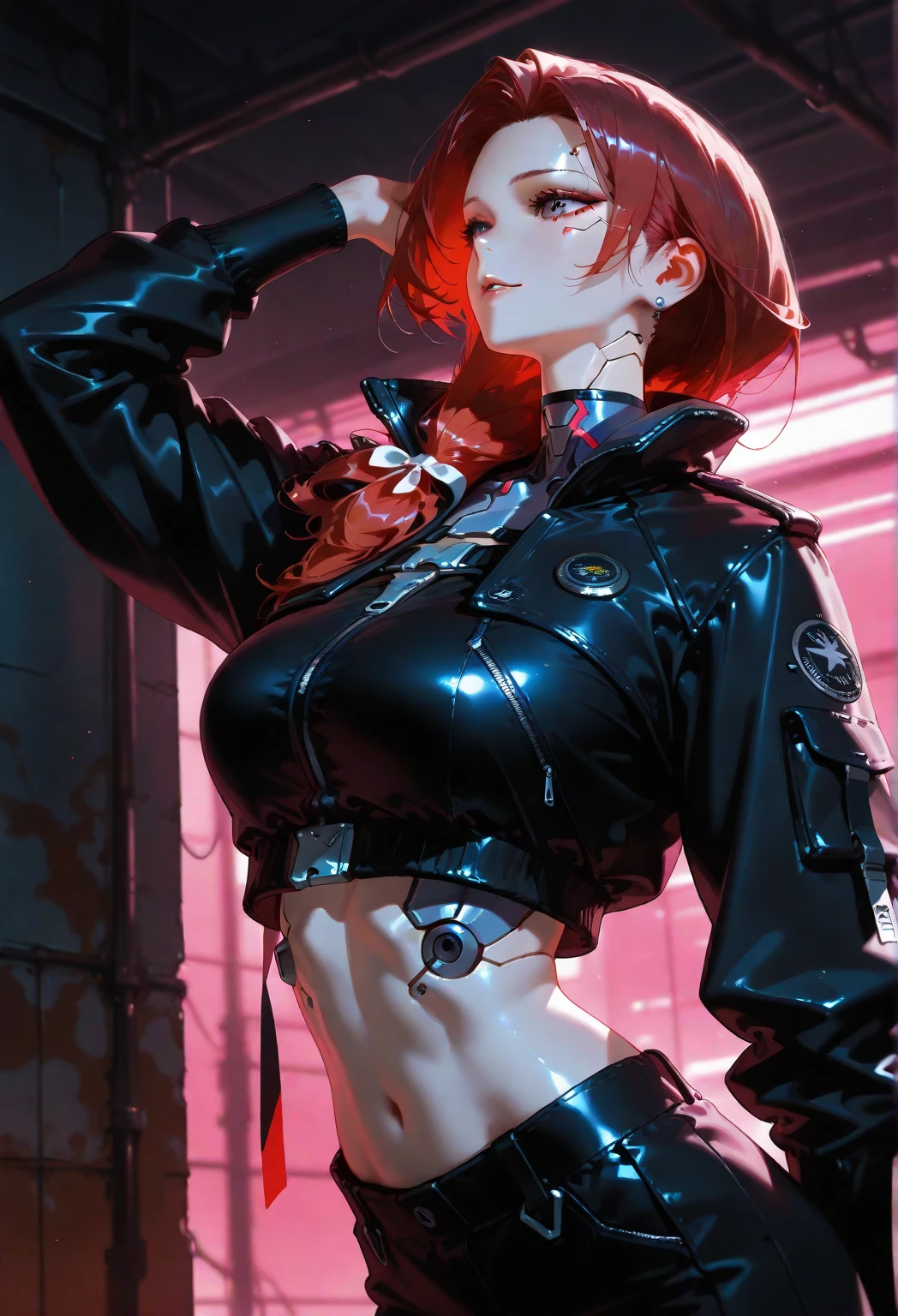 young girl, long red hair, punk haircut, turquoise eyes, Scars, punk make-up, leather jacket, Burns, ripped clothes, madness, smirk, Masterpiece, highly quality, show ass, tiny ass, thin leg