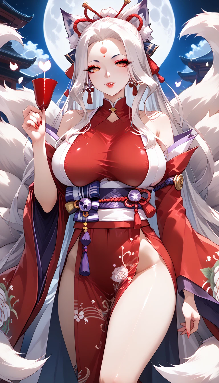 incredible resolution、muste piece++,highest quality++,super definition++, super definition++,4K++,8K++,(background focus)++, extremely detailed, Viewer's perspective、((Midnight神社))++、((九尾のfox))++, ((1人の九尾のfox)), ((((Ninetail))))++++, 、((((multiple tails))))++++,(((colorful kimono)))+++,(((colorful kimono)))++++,((A bewitching smile))+ +,((Furisode))++、((fox) ++,((Midnight))++,(pale flame) +,(monster change)、(orange golden gray hair), (super shiny hair and skin), (sunlight shines),((beauty)),(Big breasts that are about to burst_body: 1.5),(Big breasts that are about to burst:1.5), Muscular girl with clearly visible abs and muscles, Translucent ghost body, There is a cleavage in the chest, A sense of dynamism, (Abs cleansing and shaving, muscular muscular thighs) +, A lively smile, Perfect eyes, perfect hands, perfect nose, magic battle dark, bright atmosphere, (wet effect) +, (light effects), (cinematic light) + , (Like a movie of light) +