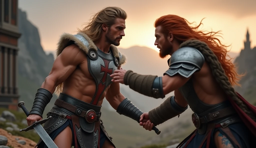 A human warrior man, 6'4 , approximately 209lb, slender body, with brown eyes, long and tied hair, no beard, a big scar on his face, wearing a beautiful silver armor, with a symbol on the armor of a lion, a red cloth tied to his right arm, holding a sword like his two hands, shining sword with blood running down, smiling. He striking a pose, with a forest in the background.