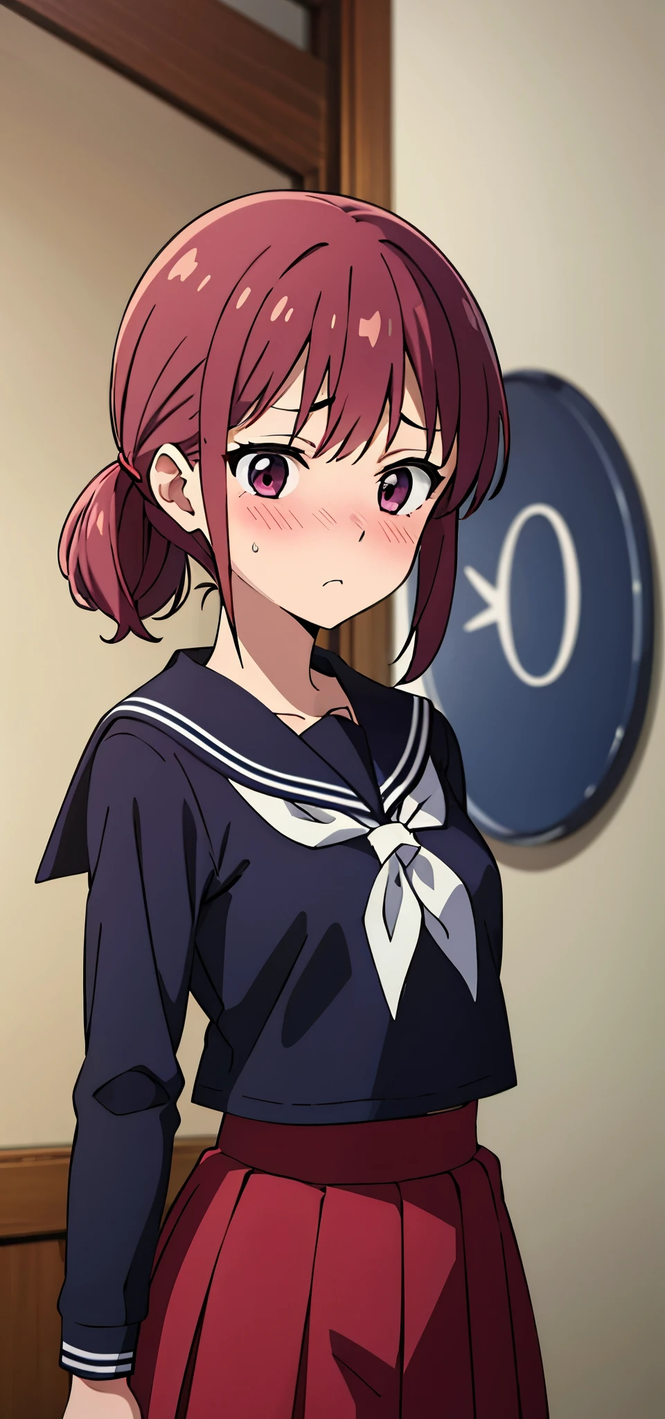 Anime girl shocked blushing, wearing sailor uniform long sleeves