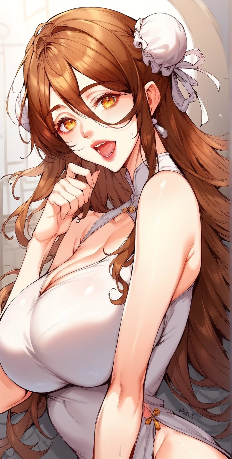Artwork, best quality, high resolution, 1 girl, face detailed, blush, anime CG style, (medium breasts), (girl of 18 years old:1.3), (aged up), good lighting, perfectbody, Sakura Kinomoto, Glossy lips, Strapless leotard, highlighted collar, wrist cuffs, (white fishnet tights), bunny ears, (curved), (Looking back at the viewer), rabbit tail making dog face begging