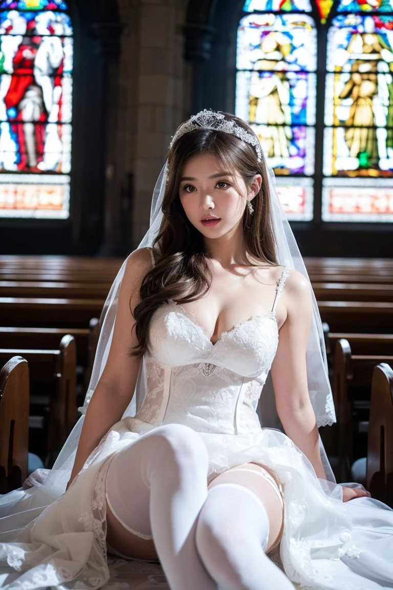 (Masterpiece: 1.4), (Hyper Realistic: 1.4), (Best Quality, 16k, 32k, Masterpiece, UHD: 1.2), Pretty Japan Woman Pictures, 1 Young Girl, Double Eyelids, (Big: 1.2), Sexy Bride, (Pure White Wedding Dress, Wedding Veil)), (Deep Slit: 1.2), (Smile: 1.1), Off Shoulder , ((stained glass in church)), cleavage cutout, (full body)