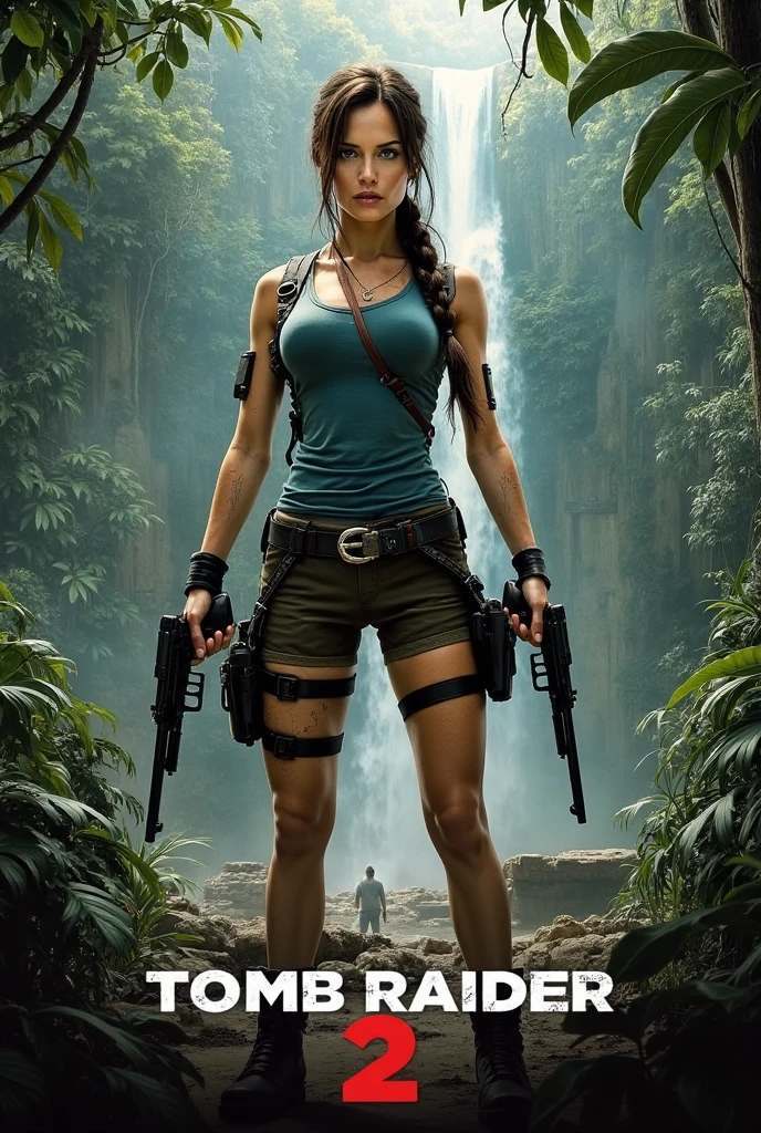 (ultrarealistic), (best quality, 4K, 8k, masterpiece:1.2), 1 woman, alone, Lara Croft from video game Tomb Raider, tomb Raider Underworld, Rise of the Tomb Raider, Shadow of the Tomb Raider, looks into the camera, good quality, 18 year old woman, alone, outside, The woman is brightly lit, Woman is evenly lit, wearing tomb raider outfit, lara croft, tombraider white crop top, tomb raider brown hot pants, has leather straps on each leg with golden clasp, leather belt with golden clasp, leather straps on legs, wears leather armbands, wears straps with holster around legs, leather band that holds chest from below, straps that support chest from below, brown hair, narrow waist, slim body, Thin body, very thin figure, fragile figure, flat tummy, fragile physique, thin fragile arms, big natural breasts, flawless skin, full lips, narrow shoulders, monochromatic eyes, ((bright eyes)), light blue eyes, very detailed eyes, natural hands, natural fingers with natural nails, Perfectly straight white teeth, ancient mayan ruins, ancient stone structures, vividly weathered ruins, dense jungle foliage, dripping moss, Ruin exploration, walking, Full body shot, (view from above)