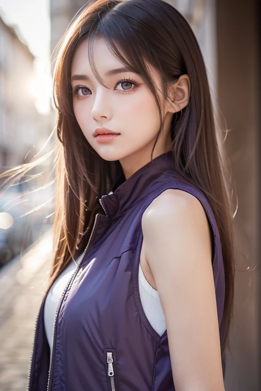 (masutepiece), (Best Quality), Realistic, Photorealism, 1girl in, Beautiful Girl, Perfect face, Perfect body, Sexy, Upper body wears only an air bomber jacket、Do not close the zipper, No bra, Braless, Smile、Taut、Toned waist、fascinating butt、Plaid miniskirt、(((Lift skirt with hand to expose pink sexy panties)))、Wearing a pistol holder on the thigh、Smile full of happiness、Attractive pretty woman、Detailed cute big blue eyes、Detailed cute face、complexion with good blood circulation、pink cheek