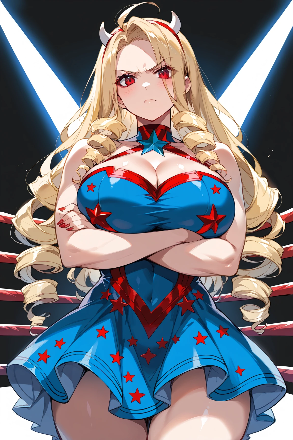 score_9, score_8_up, score_7_up, source_anime, rating_explicit, highres, open mouth, (1girl, solo:1.5), ultra-detailed, retro artstyle, HAND, (closed eyes, moaning, blushing, sweating), (masterpiece, best quality, very aesthetic, ultra detailed), intricate details, 4k, anime style anime coloring, Kamen America, (Blonde hair, blue eyes, breasts, jewelry, domino mask, bangs, long hair), (thighhighs, gloves, bare shoulders, dress, zettai ryouiki, cleavage cutout, yellow sash, boots, elbow gloves, belt, fingerless gloves, star \(symbol\), leotard, clothing cutout, covered navel, thigh boots, wrestling outfit), (large breasts), (22 years old),((swimsuit aside, panties aside, leotard aside, having sex, vaginal penetration, on bed, cowgirl position, )),  seen from below, dutch angle